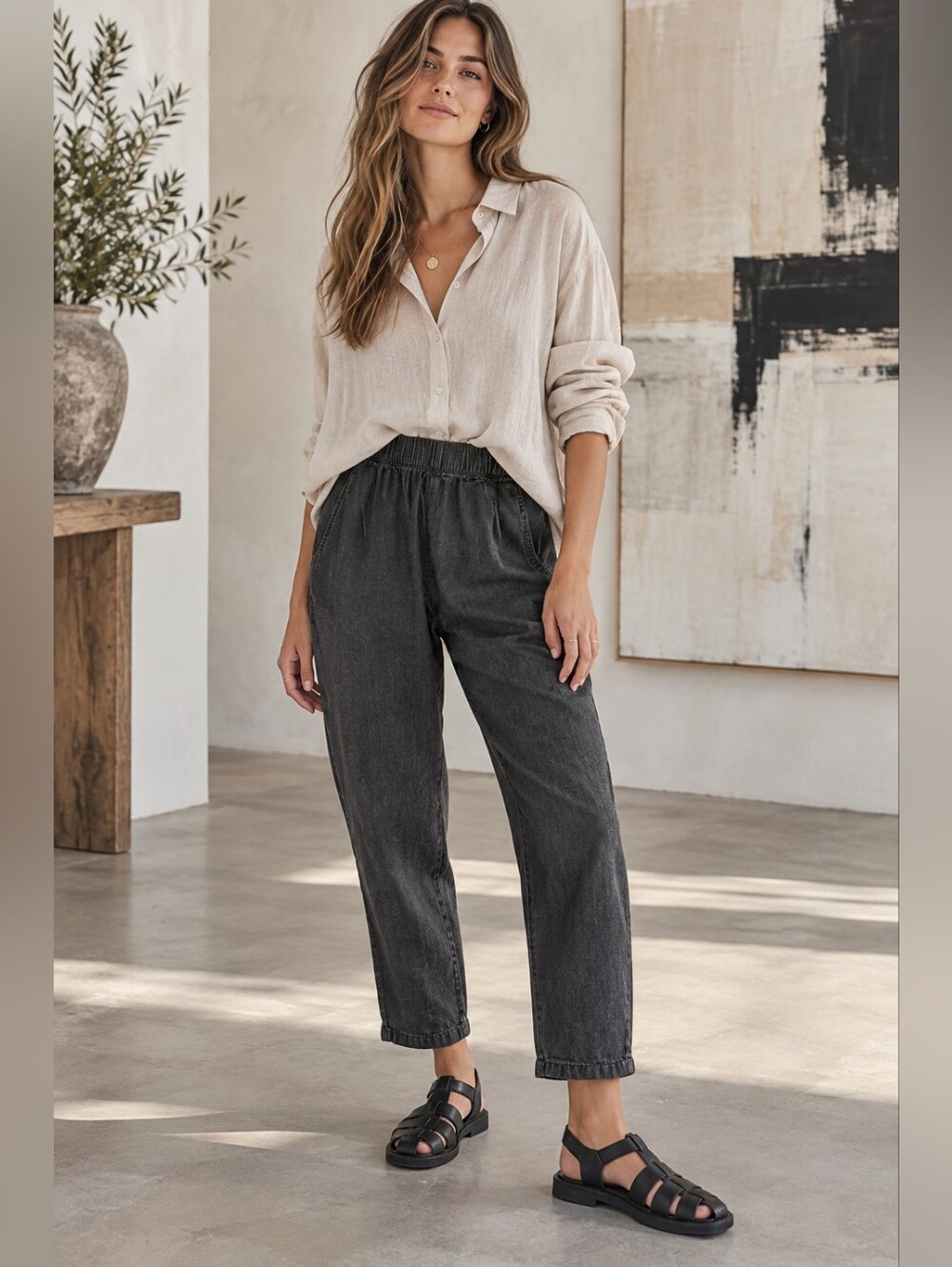 Eileen Fisher Organic Cotton Washed Black Pull On Pants XS Petite